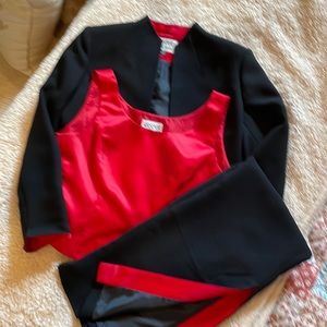 Kasper black and red satin three-piece evening skirt jacket and top